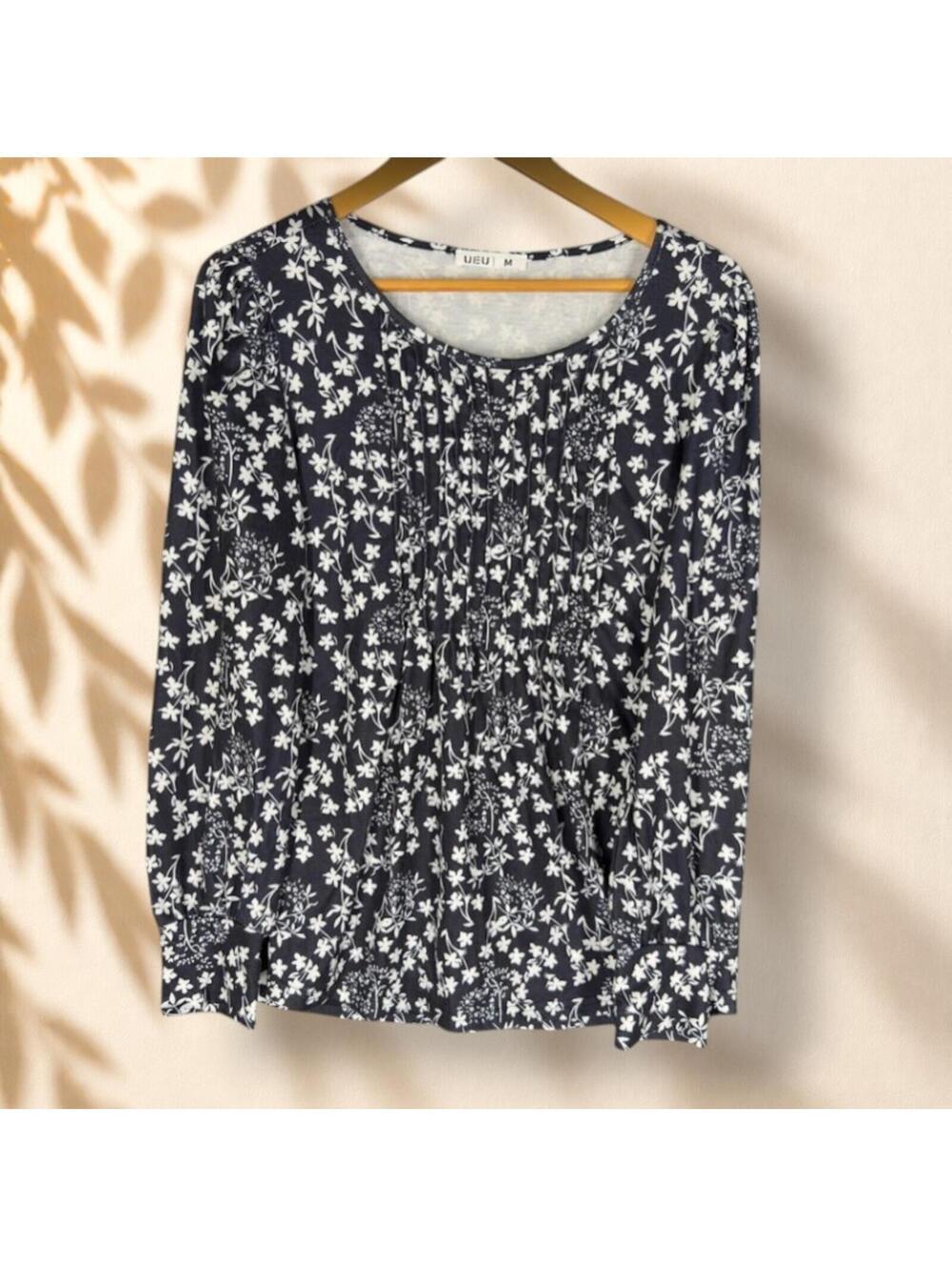 UEU Blouse Women M Medium Black Floral Long Sleeve Round Neck Casual Pullover